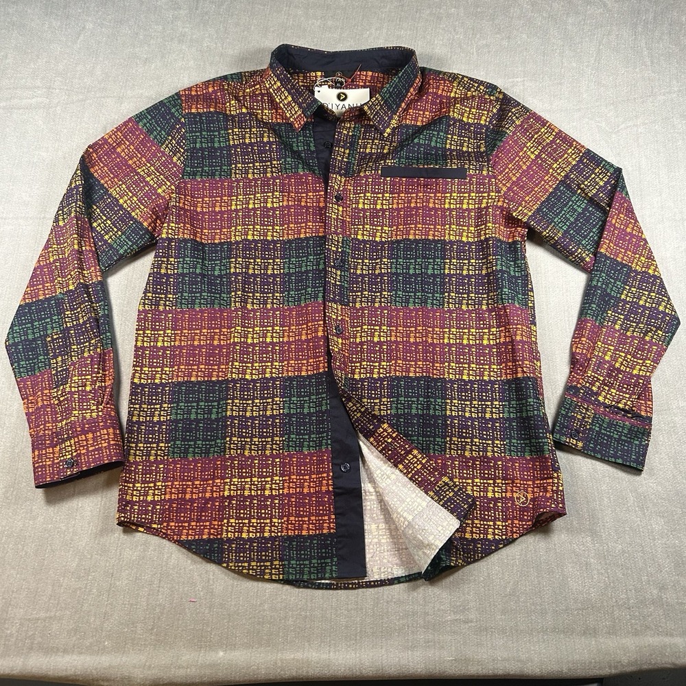 D'IYANU Men's African Print Patchwork Button-Down Long Sleeve Shirt Size XL